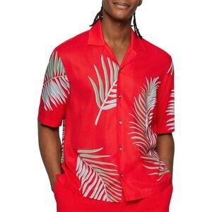 BOSS Hugo Boss Leaf Print Red Hawaiian Tropical Shirt Button Front XXL $228